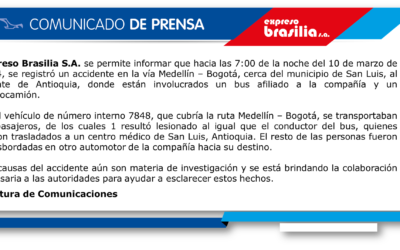 COMUNICADO DE PRENSA: ACCIDENTE VÍA MEDELLÍN – BOGOTÁ